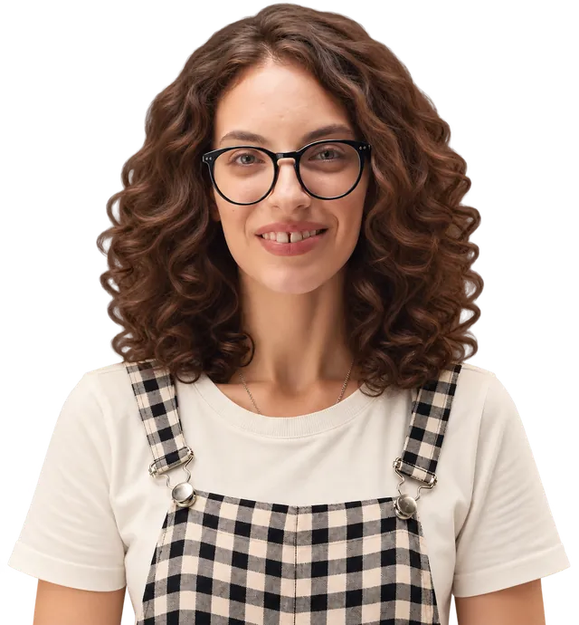 A smiling coach with curly hair and glasses